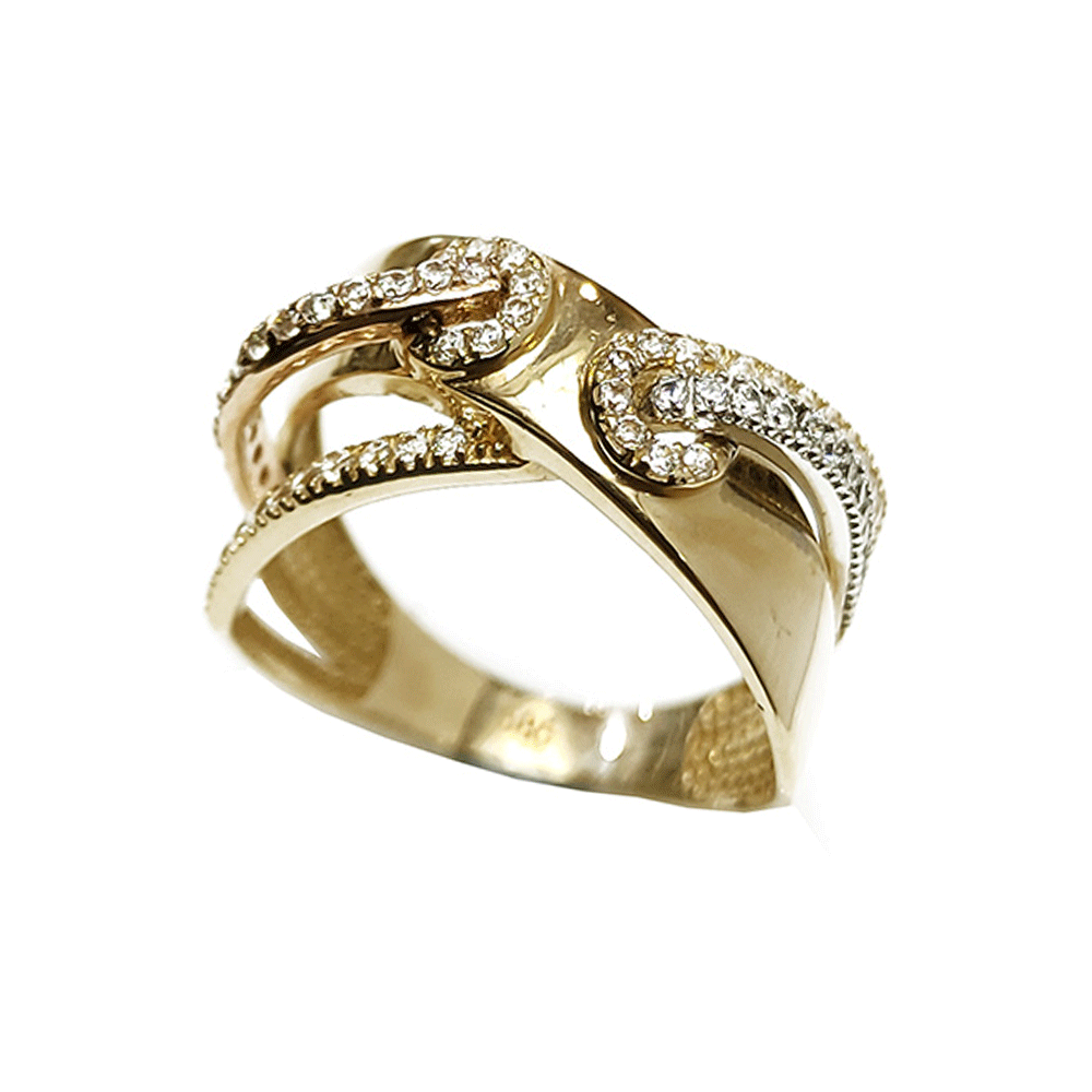 Δακτυλίδι χρυσό λουστρέ με περίτεχνες λεπτομέρειες με πέτρες στην σειρά