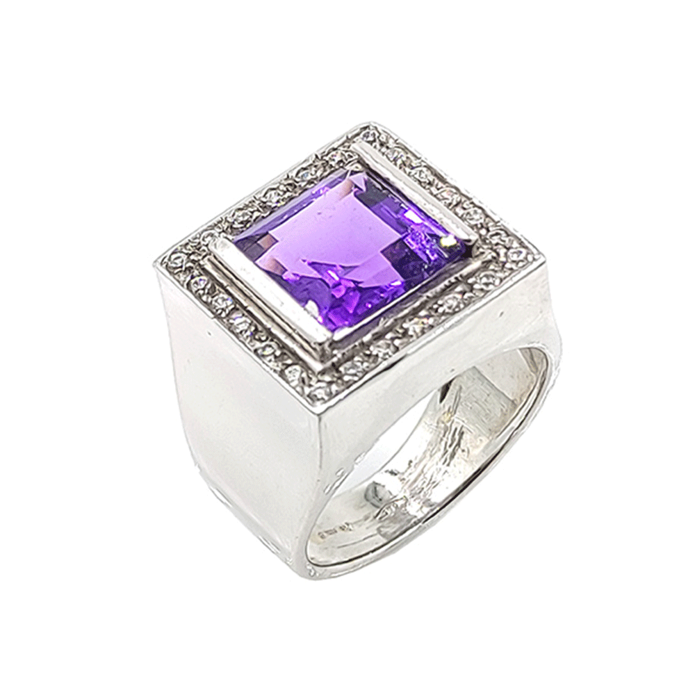 Δακτυλίδι λευκόχρυσο τετράγωνο με αμέθυστο και λευκές πέτρες