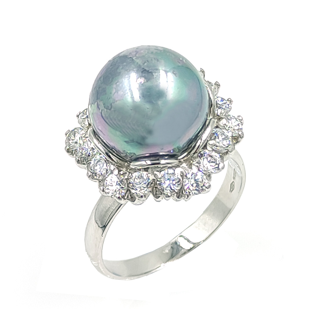 Δακτυλίδι λευκόχρυσο ροζέτα με ζιργκόν και συνθετικό μαυρο μαργαριτάρι