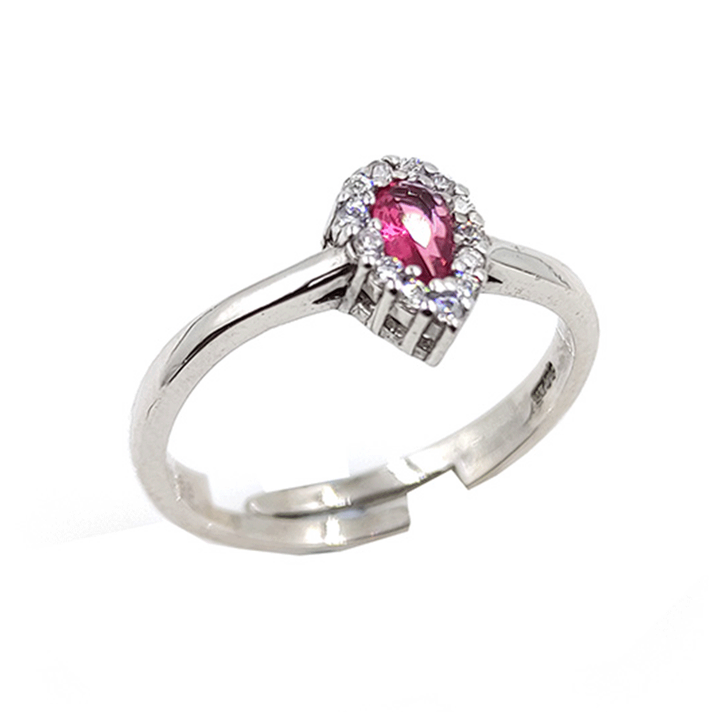 Δακτυλίδι ασημένιο ροζέτα σε σχήμα δάκρυ με κόκκινη πέτρα και λευκά ζιργκόν