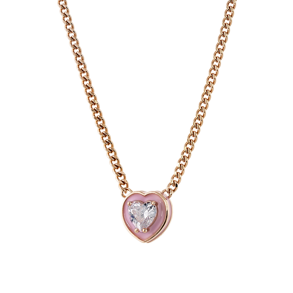 LOISIR Beauty metallic pink gold necklace with white zircon heart and pink enamel